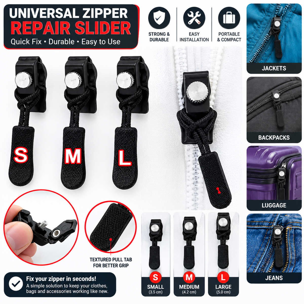 Share 12 Pack Universal Quick Fix Zipper Repair Kit Detachable Slider Replacement