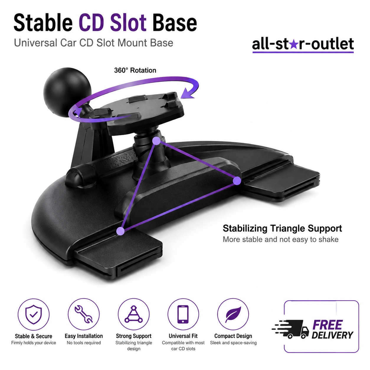 CD Slot Mount for 7-10"CarPlay Screen 360°Rotation Shockproof Car Monitor Holder