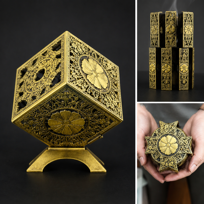 Decorative Metal Incense Burner & Aroma Holder – Intricate Floral Cutout Cube Design with Elegant Stand for Home Décor