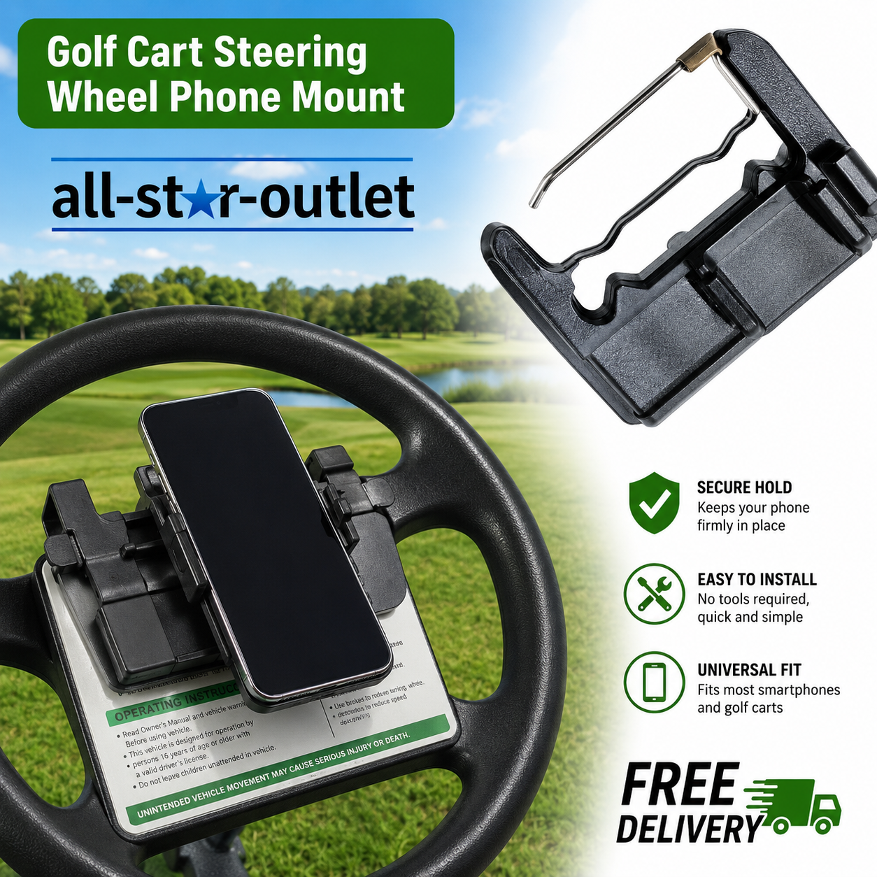Golf Cart Steering Wheel Cell Phone Mount, Flip Up Phone Holder For Golf Cart
