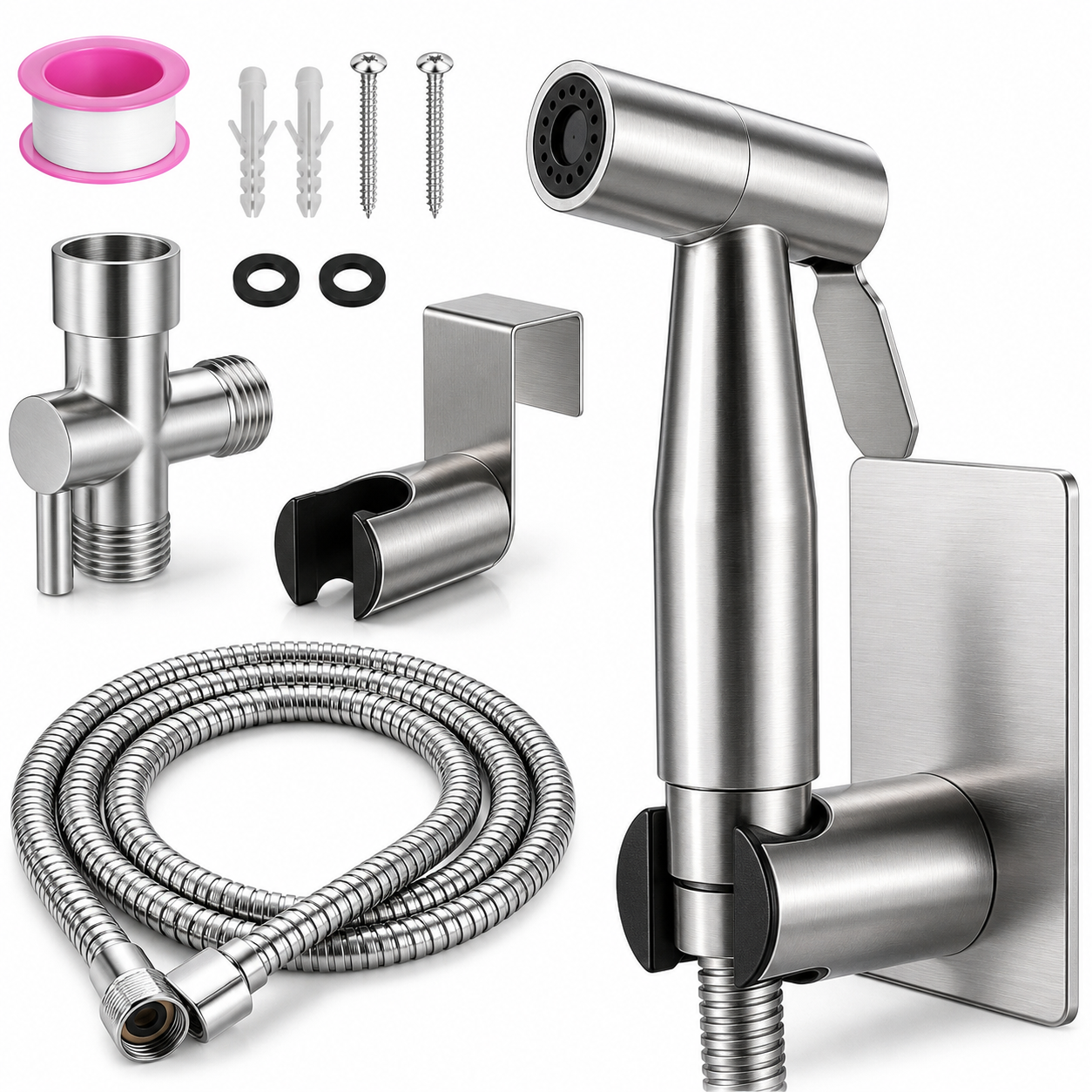 Stainless Steel Handheld Bidet Sprayer Set – Toilet Shower Spray Kit with Flexible Hose, Wall Holder & Installation Accessories