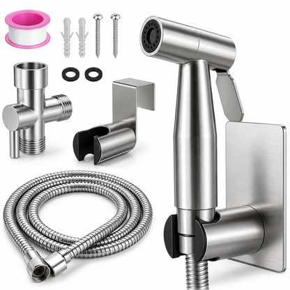 Stainless Steel Handheld Bidet Sprayer Set – Toilet Shower Spray Kit with Flexible Hose, Wall Holder & Installation Accessories