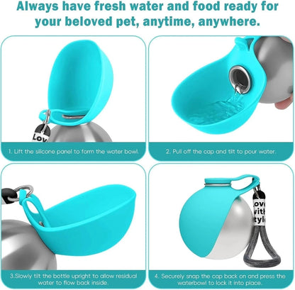 2-in-1 Portable Dog Water Bottle – Stainless Steel Travel Pet Water Dispenser with Silicone Bowl