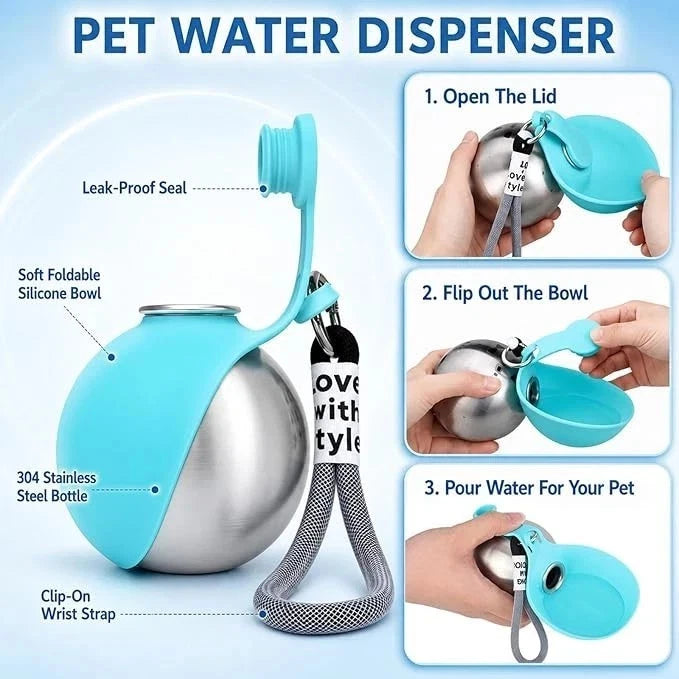 2-in-1 Portable Dog Water Bottle – Stainless Steel Travel Pet Water Dispenser with Silicone Bowl